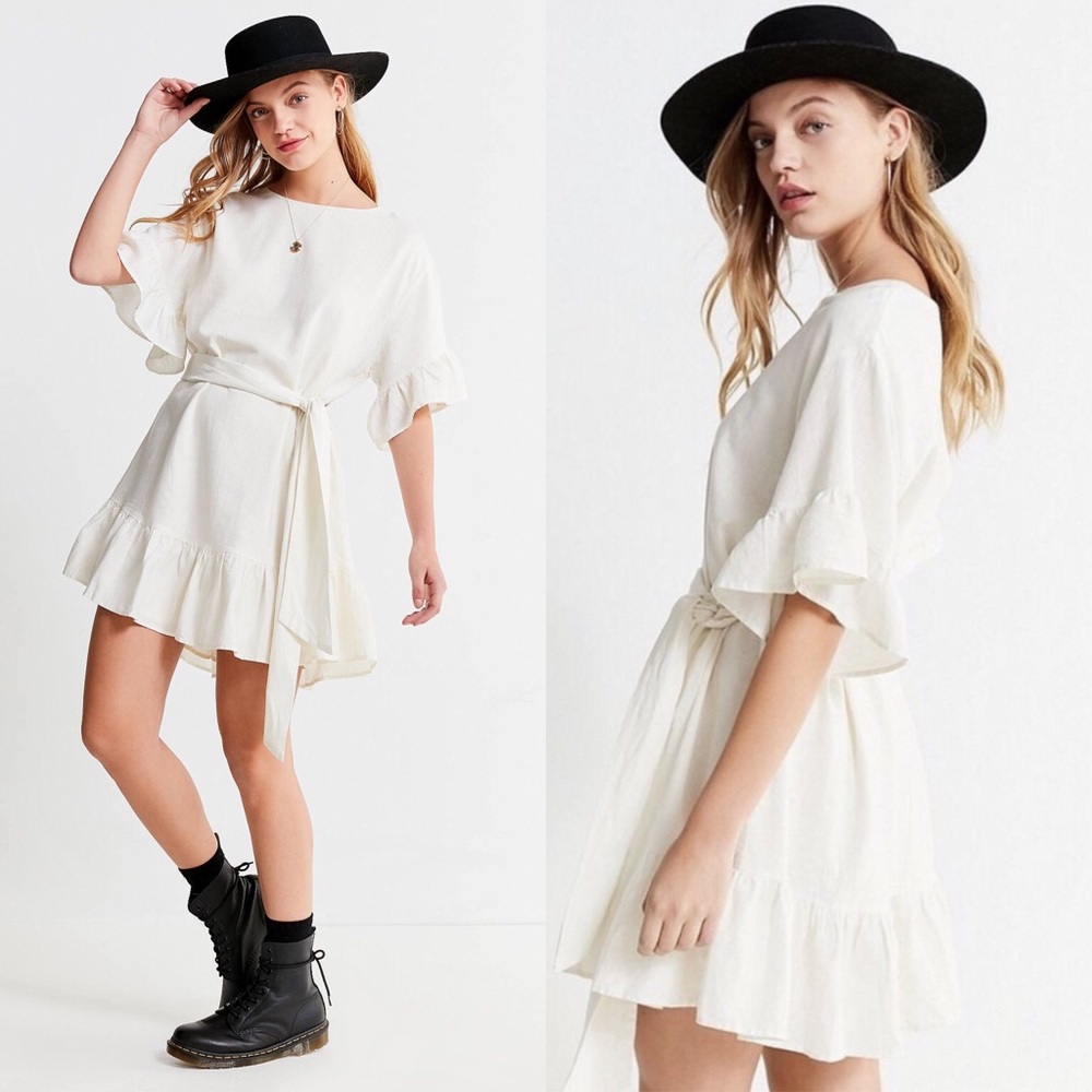 UO Suddenly Spring Linen Ruffle Tie Dress